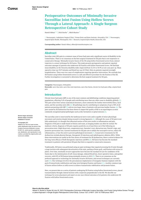 Pdf Perioperative Outcomes Of Minimally Invasive Sacroilliac Joint