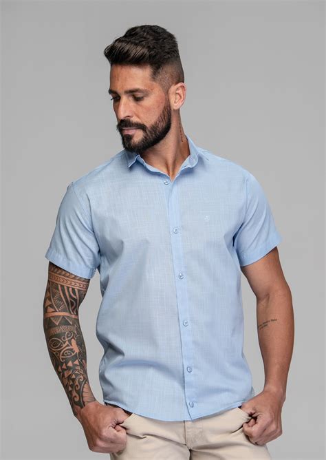 Camisa Social Masculina Azul Manga Curta