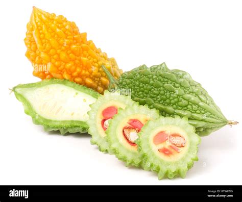 Green And Yellow Bitter Melon Or Momordica Isolated On White Background