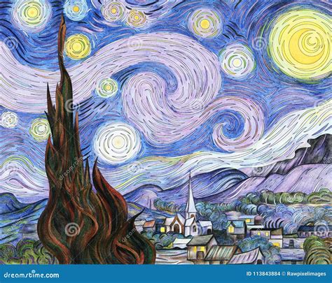 Van Gogh`s The Starry Night Adult Coloring Page Stock Illustration