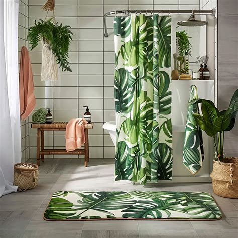 Exotic Tropical Rainforest Shower Curtain Set Monstera Leaf Design