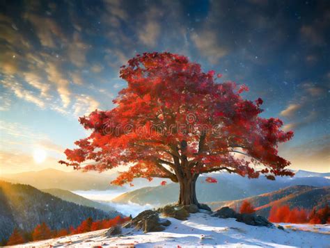 Seasonal Ascent Autumn S Glory Atop A Snowy Mountain Stock Image