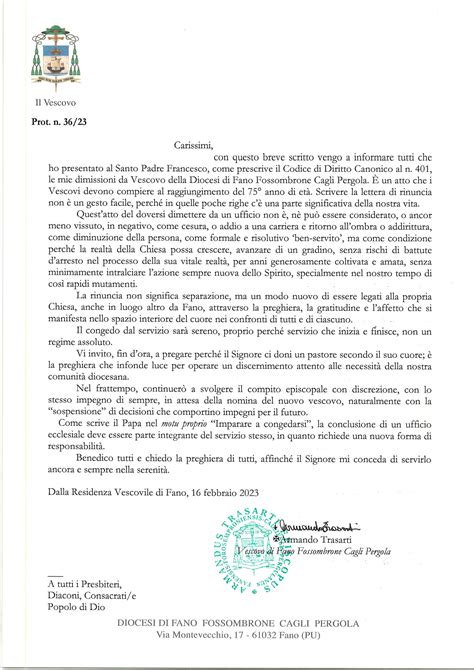 Il Vescovo Trasarti Compie 75 Anni E Invia La Lettera Di Dimissioni