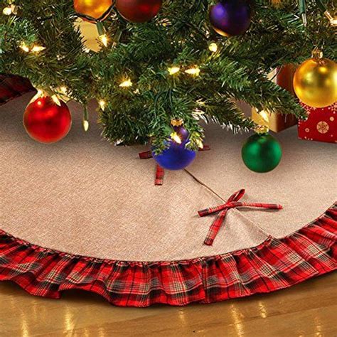 OurWarm Christmas Tree Skirt 48 Inch Burlap Tree Skirt Rustic Red And