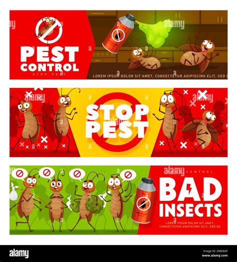 Pest Control Cartoon Cockroach Characters And Insects Extermination Vector Banners Pest