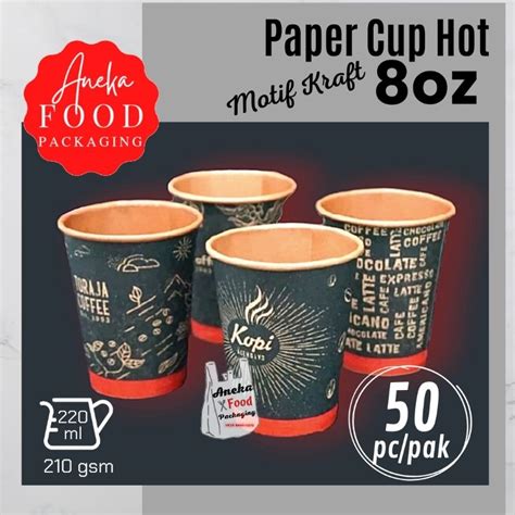 Jual 50pc Hot Paper Cup 8oz Coffee Design Polos Kraft Motif Gelas Kertas Kopi 220ml Shopee
