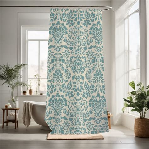 Green Floral Shower Curtain Classic Damask Pattern Bathroom Etsy