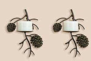 Set Of Two Pinecone Pine Cone Candle Wall Sconce Lodge Home Decor