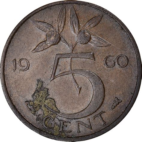 Coin Netherlands Juliana 5 Cents 1960 Bronze Km181 European