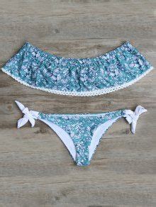 Off Shoulder Padded Tiny Floral Bikini BLUE GREEN Bikinis S ZAFUL