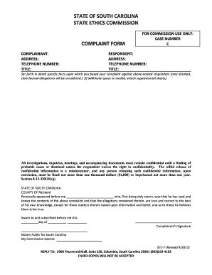 Fillable Online Ethics Sc Complaint Form State Ethics Commission