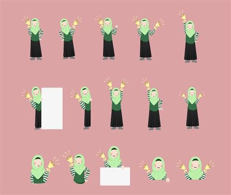 Um Conjunto De Desenhos Animados Para Hijab Girl Anuncia E Segura O