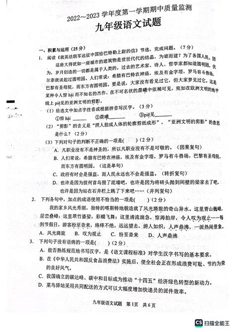 2022 2023学年度第一学期期中质量检测九年级语文试题（pdf版，无答案） 21世纪教育网