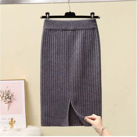 Buy Autumn Winter Knit Pencil Skirt Women High Waist Elastic Skirts