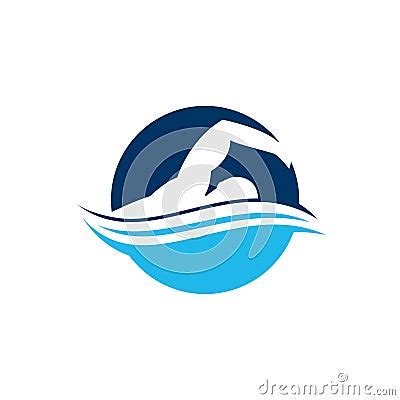 Blue Swimming Logo With Abstract Man Silhouette Swimming Club Logo