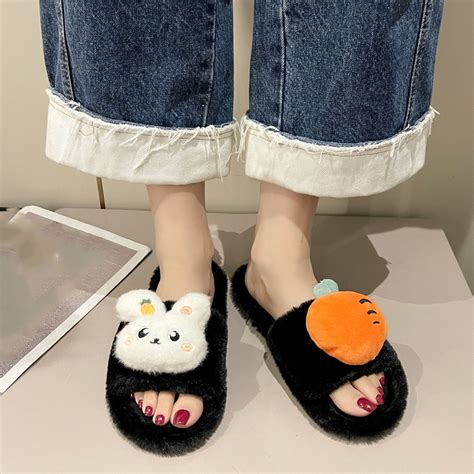 Lolmot House Slippers For Women Cute Cartoon Rabbit Carrot Plush