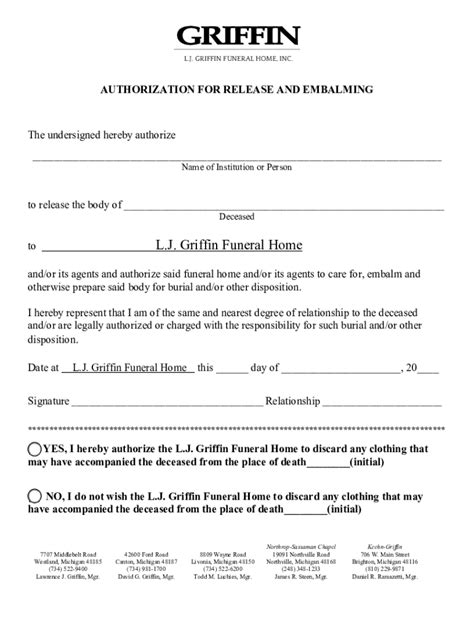 Fillable Online Authorization For Release And Embalming Fax Email Print