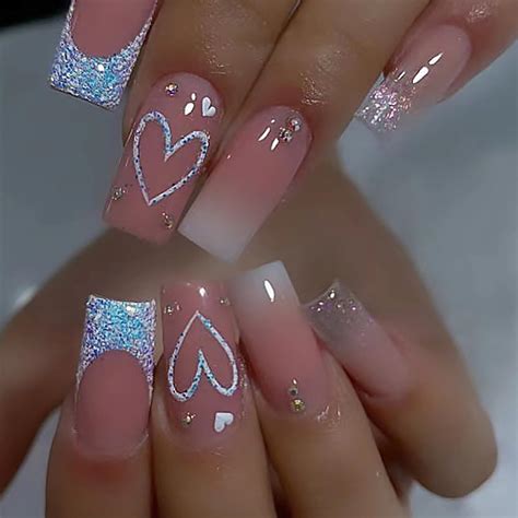 Amazon ZDIWOO Pcs Nude Pink Press On Nails Medium Glitter French