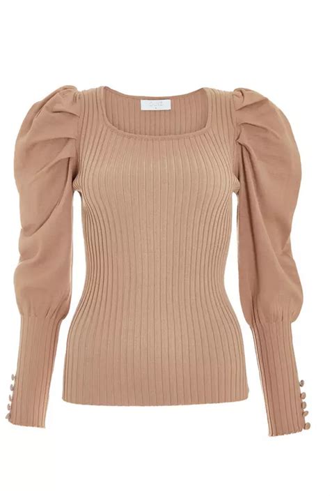 Mocha Light Knit Puff Sleeve Jumper Quiz Clothing