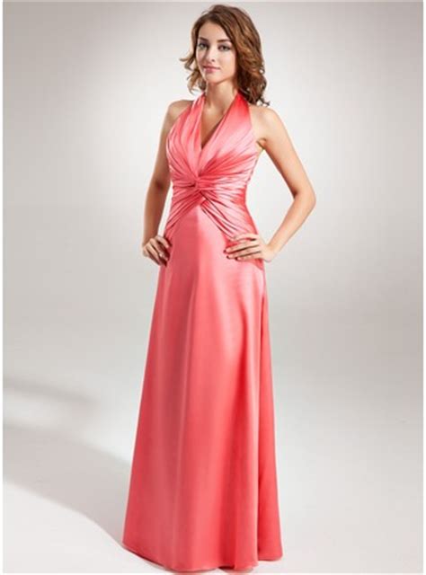 A Line Princess Halter Floor Length Charmeuse Bridesmaid Dress With