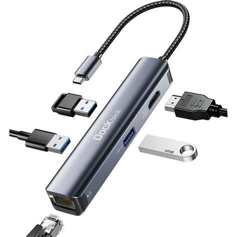 Hub Usb C Dockteck 5 En 1 Dock Usb C Vers Ethernet Rj45 Adaptateur Avec 4k 60hz Hdmi3 Usb 30