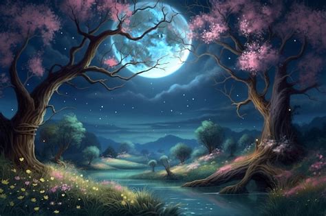 Premium AI Image | A painting of a moonlit landscape with a tree and the moon