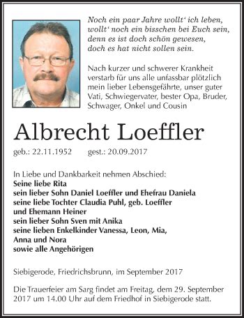 Traueranzeigen Von Albrecht Loeffler Abschied Nehmen De