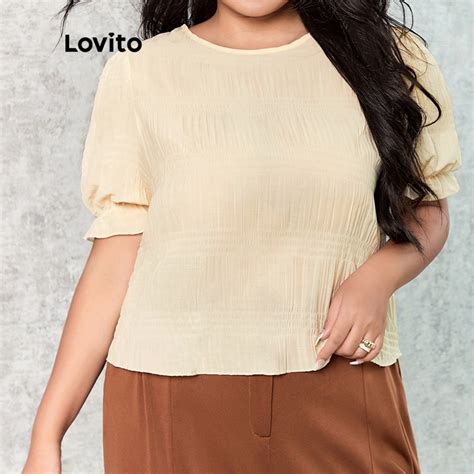 Lovito Plus Size Curve Casual Plain Women Blouse Lps03070 Off White Shopee Malaysia