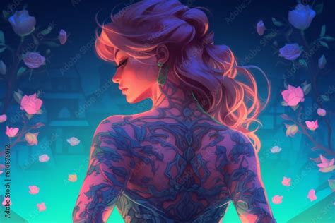 Woman With A Tattoo Fantasy Art Body Covers With Neon Flowers Beautiful Avatar Pictures