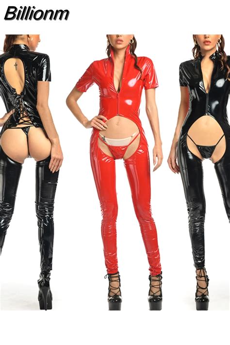 Billionm Erotic Sexy Crotchless Latex Bodysuit Double Zipper Lingerie
