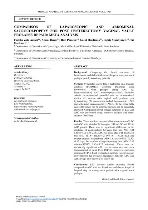 Pdf Comparison Of Laparoscopic And Abdominal Sacrocolpopexy For Post