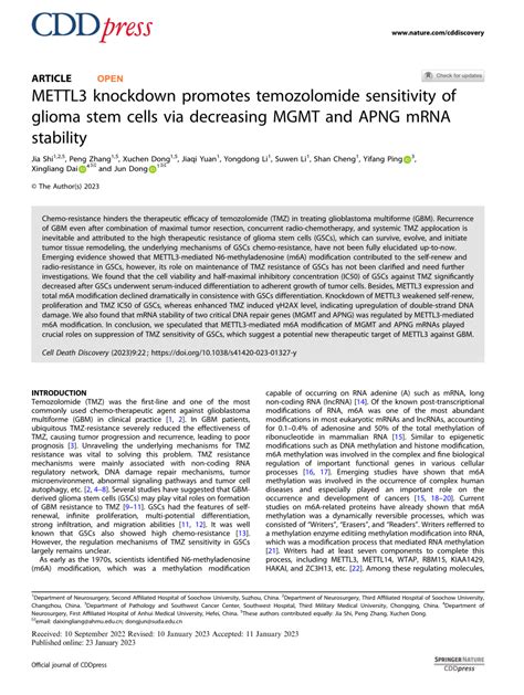 Pdf Mettl3 Knockdown Promotes Temozolomide Sensitivity Of Glioma Stem