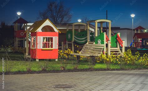 Brand new playground finished for the kindergarten. Wooden play houses ...