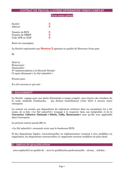 Exemple De Contrat De Travail A Duree Determinee Doc Pdf Page Sur Hot