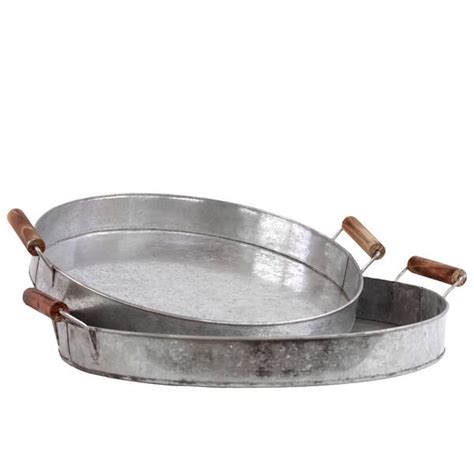 Galvanized Zinc Metal Round Tray With Wooden Handles Set Of 2 Bed Bath And Beyond 9755629