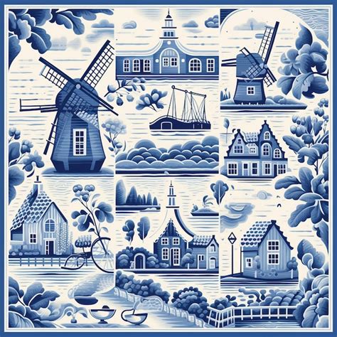 Nederlands Delfts Blauw Papier Holland Windmolen Landschap Delfts Blauw