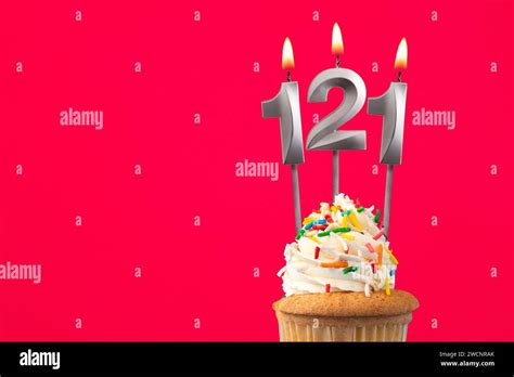 Horizontal Birthday Card With Cupcake Burning Candle Number 121 Stock