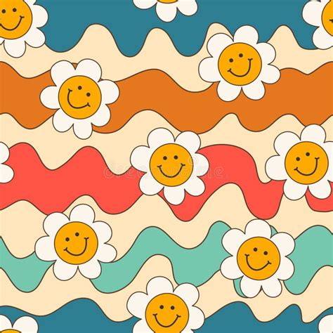 Seamless Pattern Good Vibe 70s Psychedelic Groovy Daisy And Waves Pattern In Hippie Style Stock