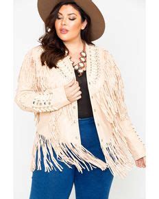 Liberty Wear Studded Leather Fringe Jacket Plus Cream Plus Size