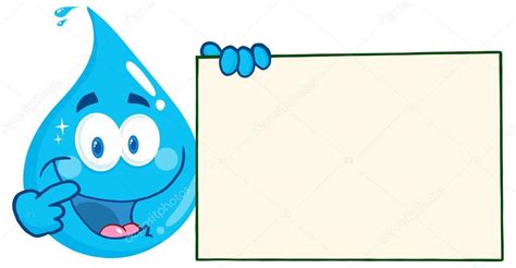 Carácter de dibujos animados Gota de agua feliz sosteniendo un signo en