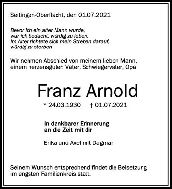 Traueranzeigen Von Franz Arnold Schwaebische De Trauerportal