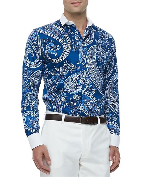 Lyst Etro Bankers Collar Paisley Print Sport Shirt In Blue For Men