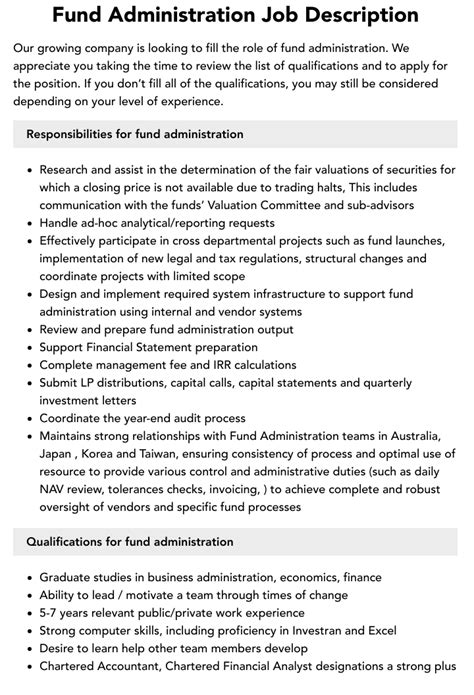 Fund Administration Job Description Velvet Jobs