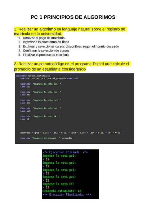 Pc1 Algoritmos PC 1 PRINCIPIOS DE ALGORIMOS 1 Realizar Un Algoritmo