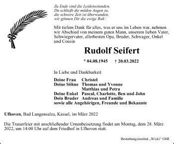 Traueranzeigen Von Rudolf Seifert Trauer In Thueringen De