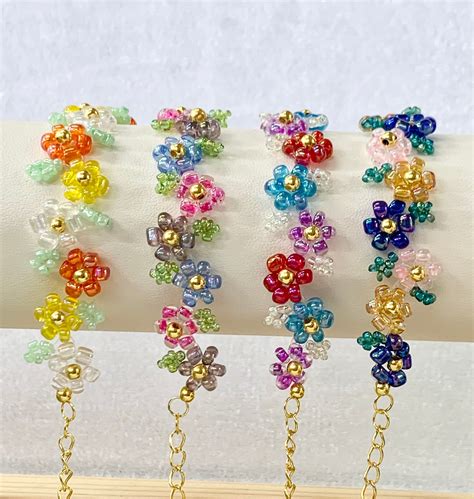 Rainbow Glass Beaded Flower Bracelet Etsy In Beaded Necklace