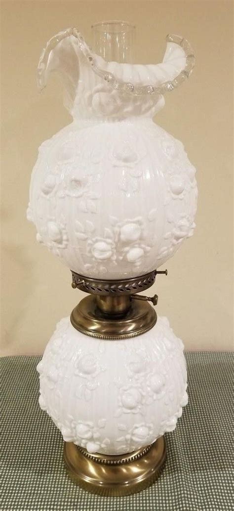 Fenton Cabbage Rose Gwtw Gone With The Wind Hurricane Lamp Thick White Glass 23 193662