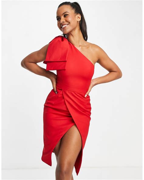 Lavish Alice Bow Shoulder Wrap Midi Dress In Red Lyst