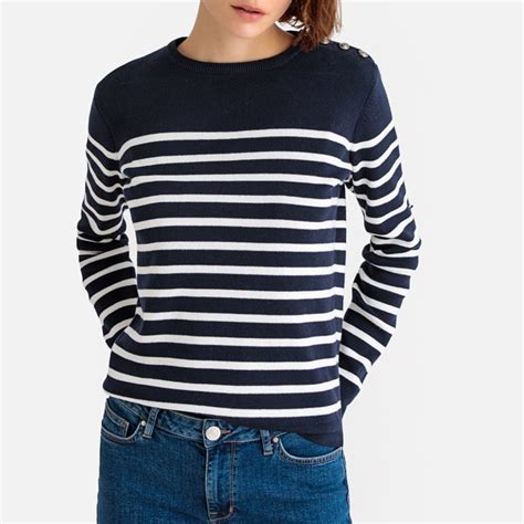 Cotton Breton Striped Jumper With Buttoned Shoulders And Crew Neck La