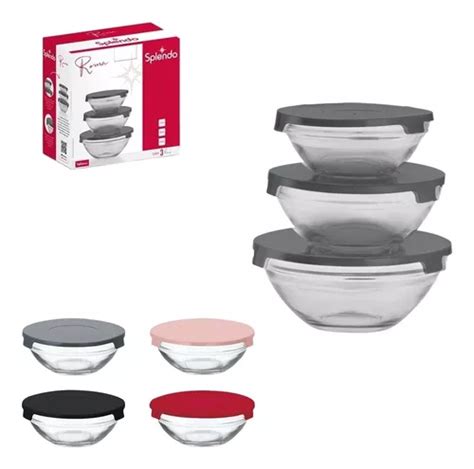 Conjunto Potes Vidro Hermético Tigelas Tampa Kit 3 Bowls Cor Cinza